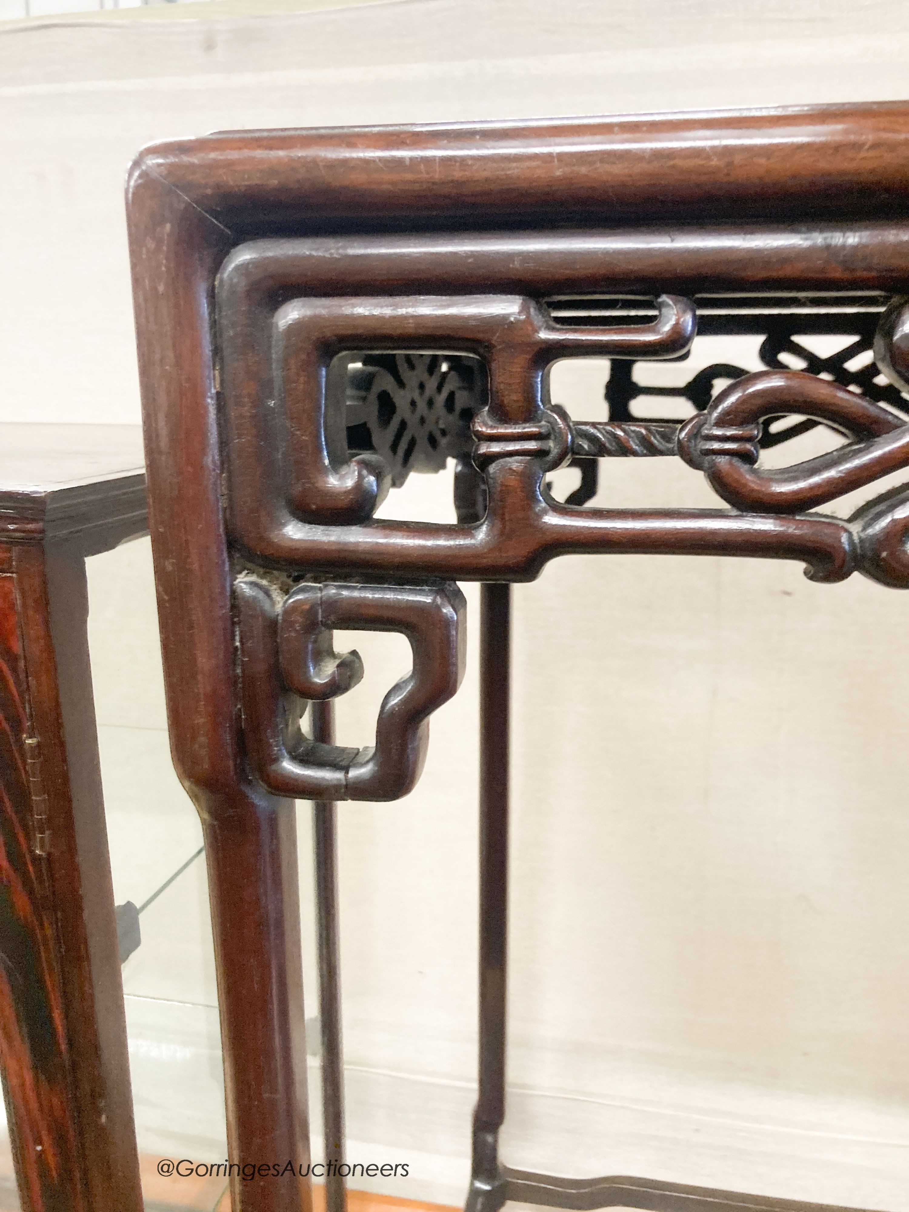 A Chinese hardwood square topped table, width 47cm, height 83cm